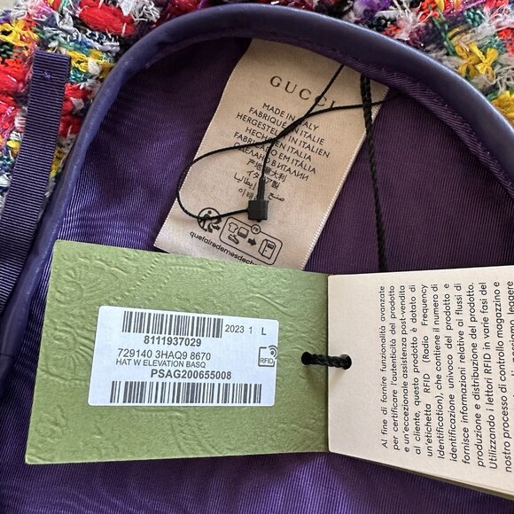 NWT GUCCI LAME BERET CAP Check Lame Sz L Multicolour Violet Tweed - Picture 14 of 14